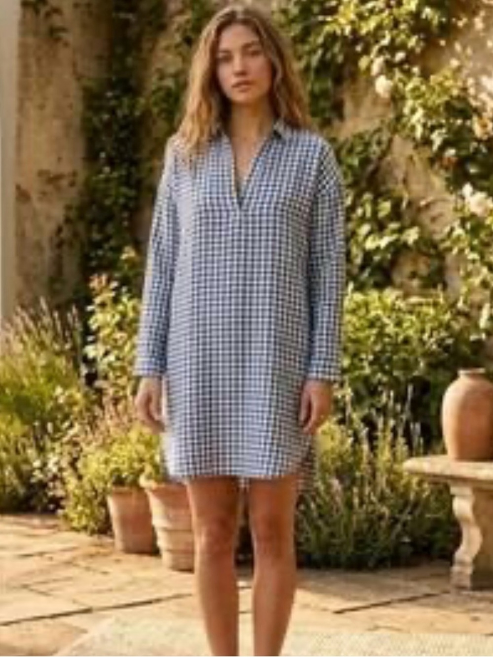 CP shades 100% linen Blue Gingham Long-Sleeve Shift Dress medium